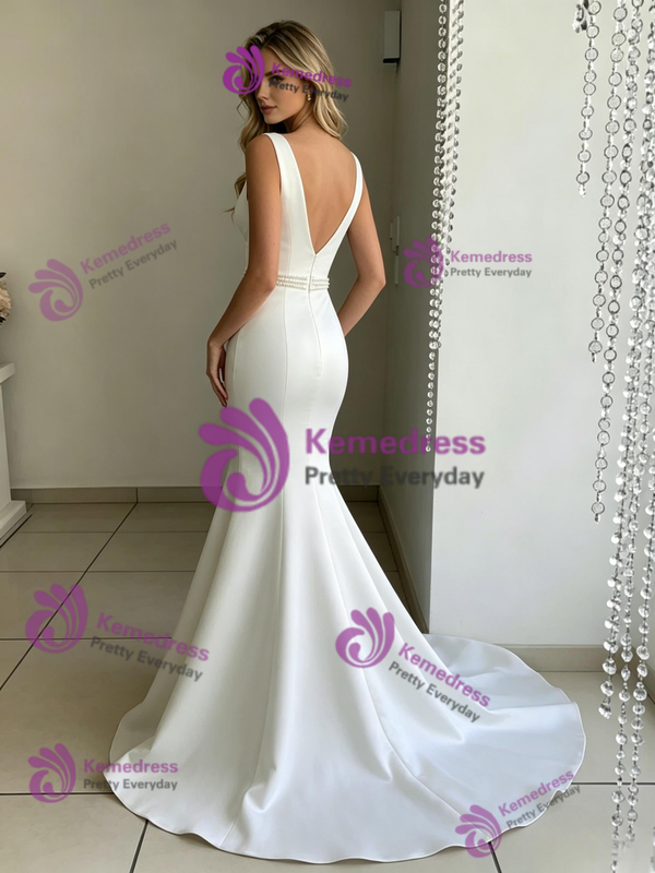 White Mermaid V-neck Beading Wedding Dress