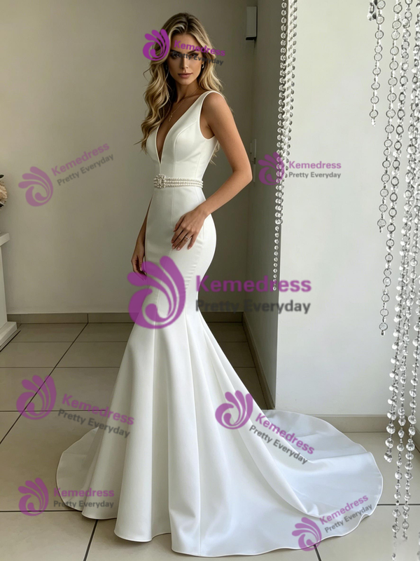 White Mermaid V-neck Beading Wedding Dress
