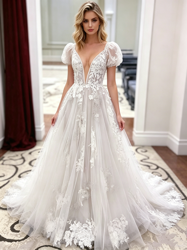 White Tulle Lace Puff Sleeve Appliques Wedding Dress