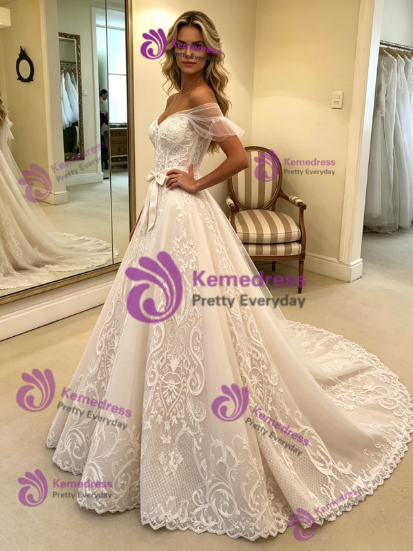 White Tulle Lace Appliques Long Sleeve Wedding Dress