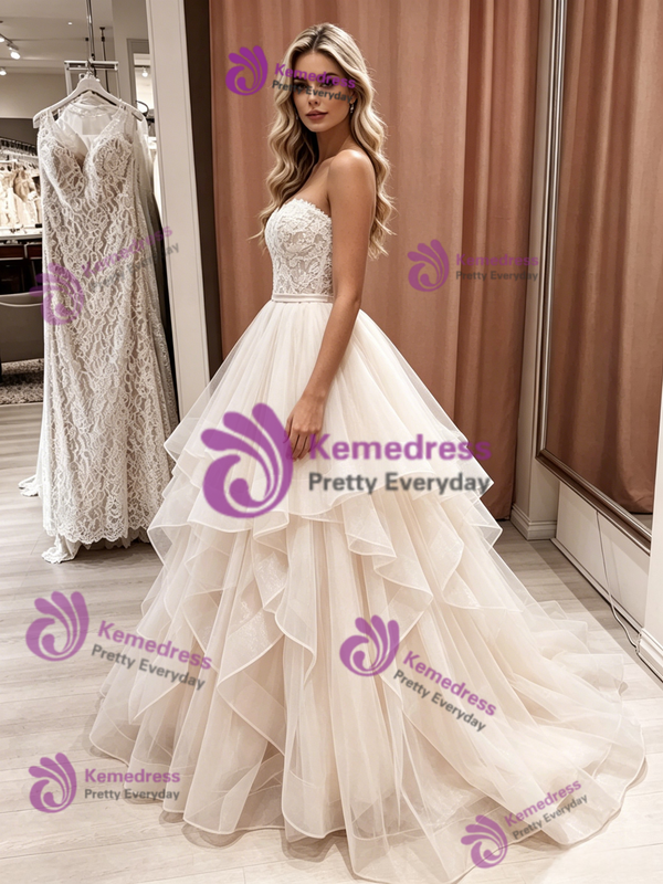 Champagne Tulle Lace Strapless Wedding Dress
