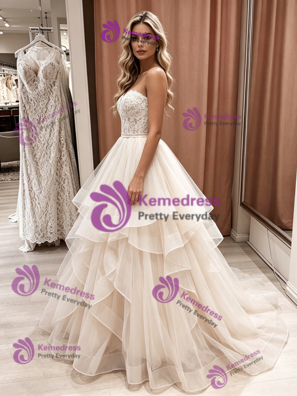Champagne Tulle Lace Strapless Wedding Dress
