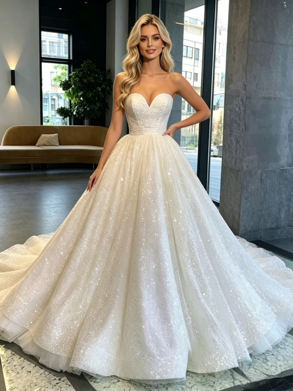 White Sequins Strapless Wedding Dress