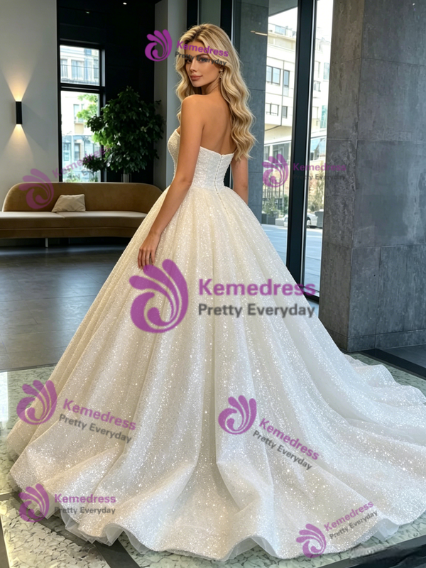 White Sequins Strapless Wedding Dress