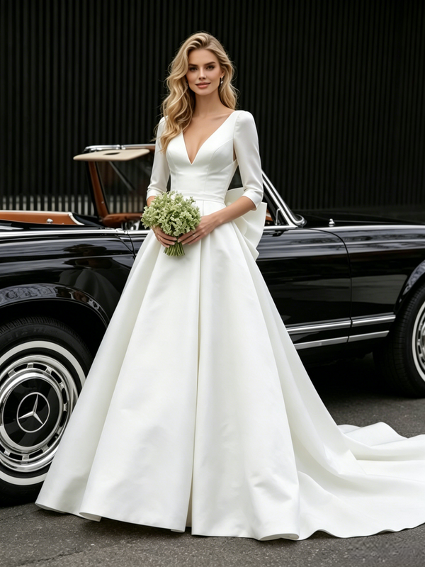 White Satin 3/4 Sleeve V-neck Wedding Dress