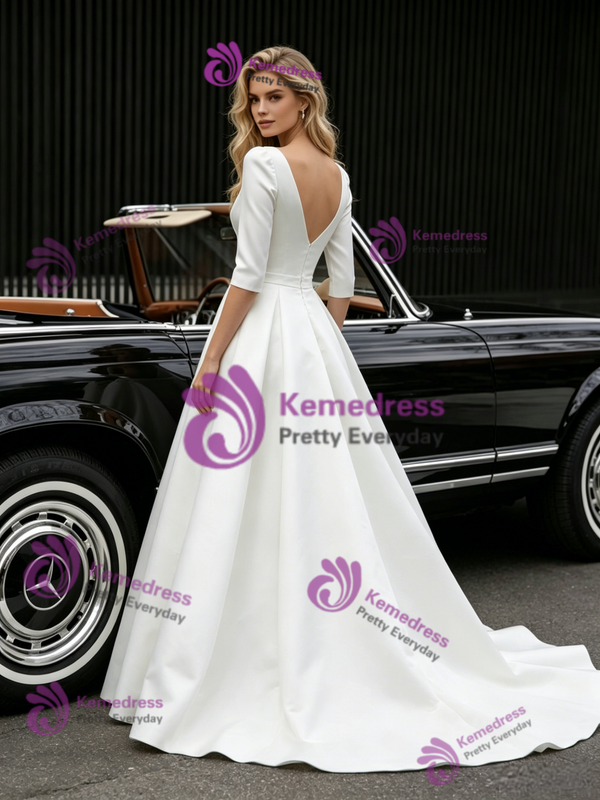 White Satin 3/4 Sleeve V-neck Wedding Dress