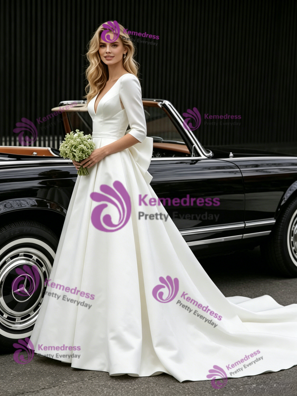 White Satin 3/4 Sleeve V-neck Wedding Dress