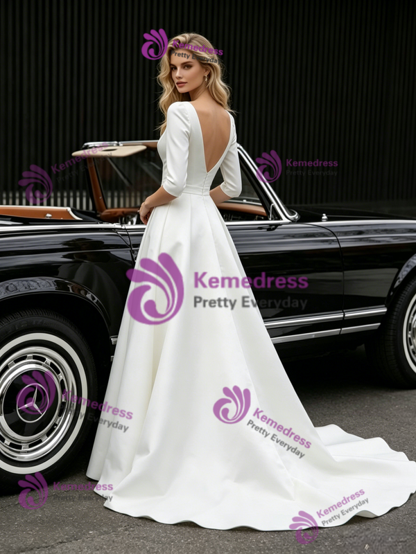 White Satin 3/4 Sleeve V-neck Wedding Dress