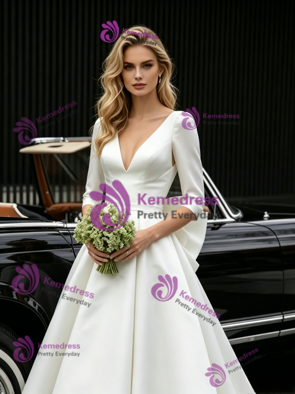 White Satin 3/4 Sleeve V-neck Wedding Dress