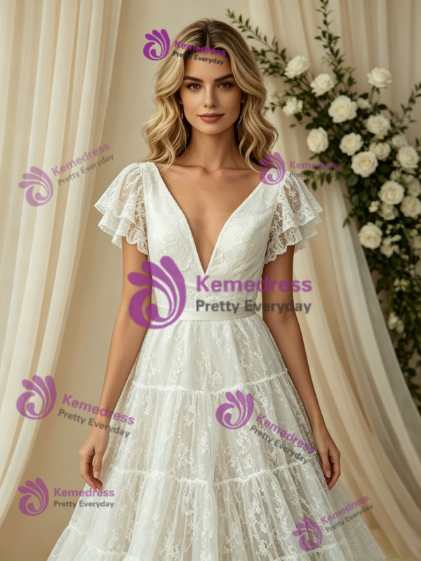 White Lace V-neck Puff Sleeve Wedding Dress