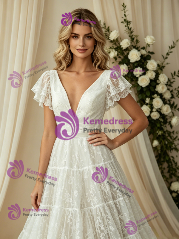 White Lace V-neck Puff Sleeve Wedding Dress