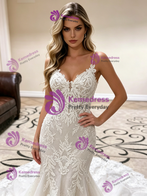 White Mermaid Tulle Lace Straps Wedding Dress