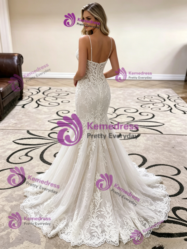 White Mermaid Tulle Lace Straps Wedding Dress