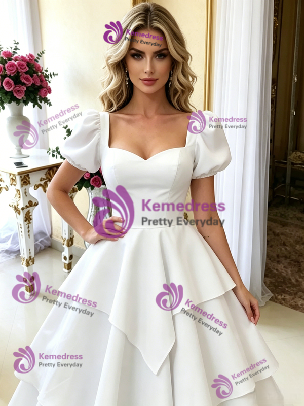 White Short Sleeve Square Neck Wedding Dress