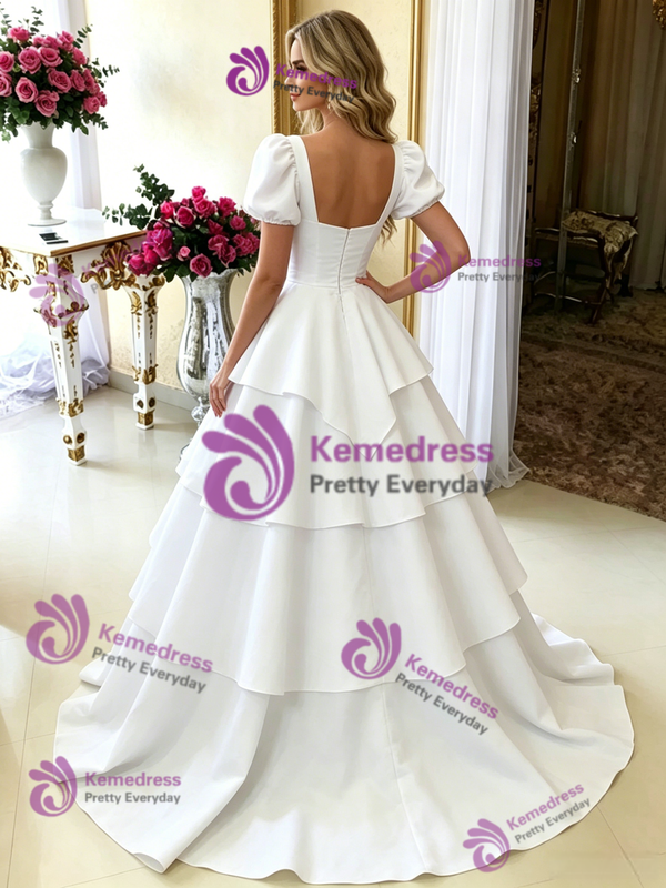White Short Sleeve Square Neck Wedding Dress