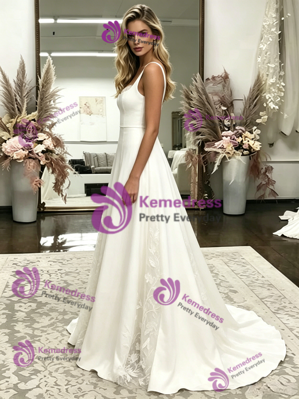 White Straps Appliques Wedding Dress