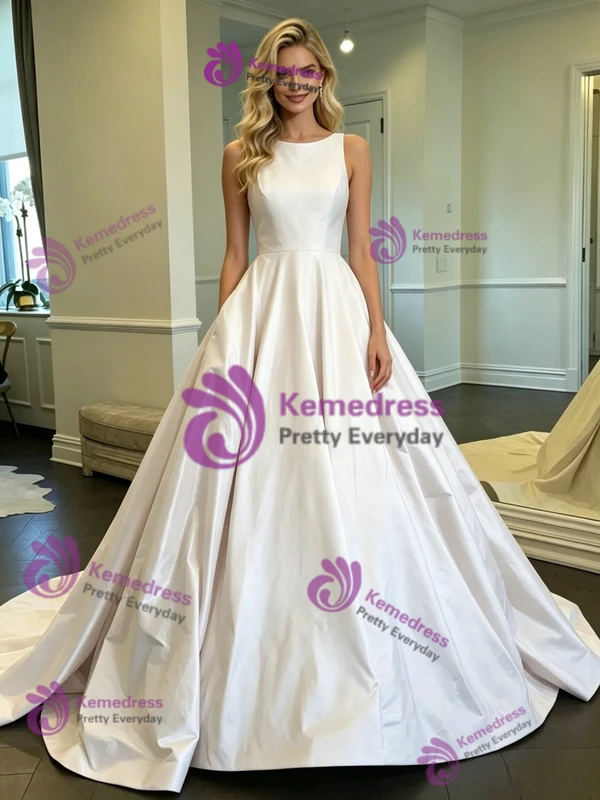 White Satin Scoop Neck Wedding Dress