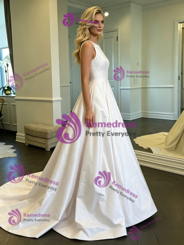 White Satin Scoop Neck Wedding Dress