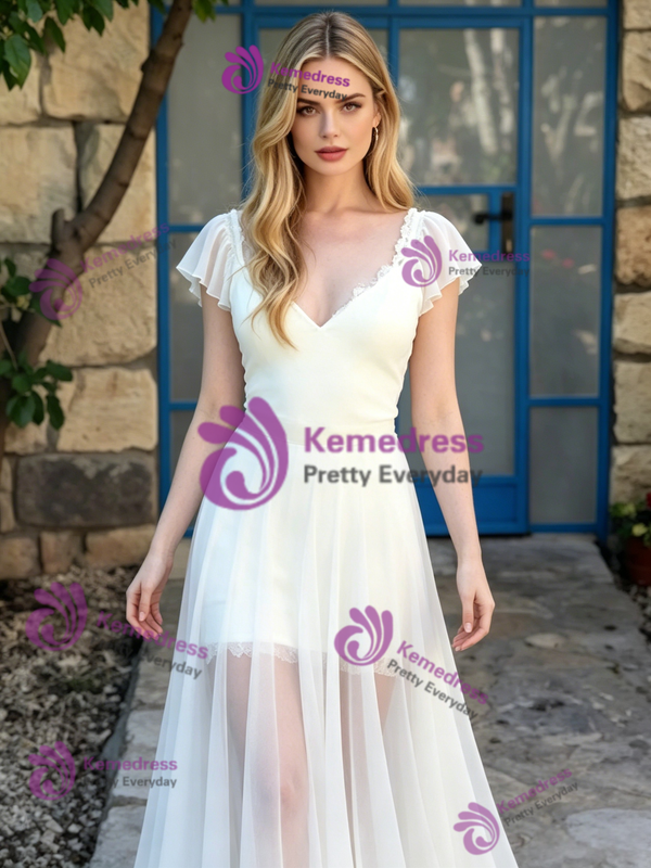 White Chiffon V-neck Wedidng Dress