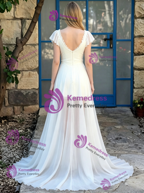 White Chiffon V-neck Wedidng Dress