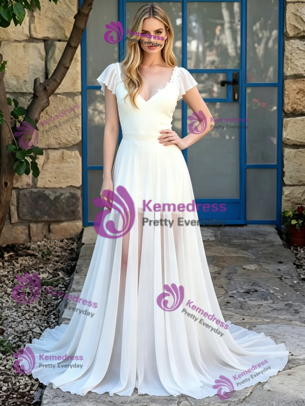 White Chiffon V-neck Wedidng Dress
