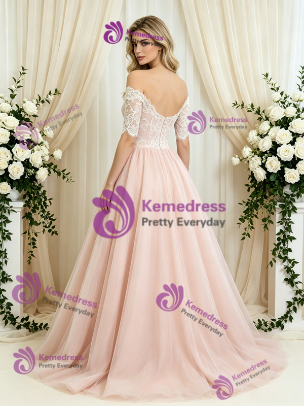 Pink Tulle Off the Shoulder Short Sleeve Wedding Dress