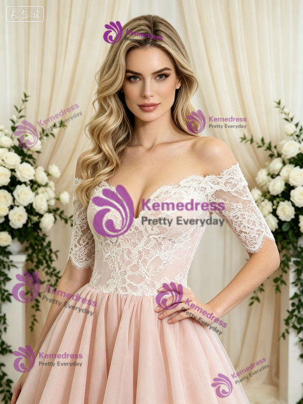 Pink Tulle Off the Shoulder Short Sleeve Wedding Dress