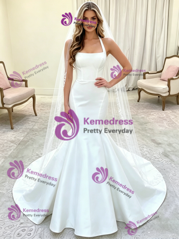 White Mermaid Satin Halter Wedding Dress