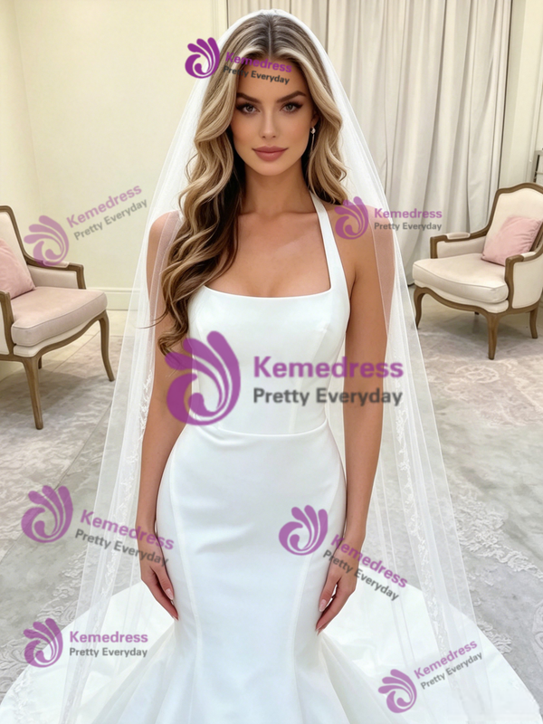 White Mermaid Satin Halter Wedding Dress