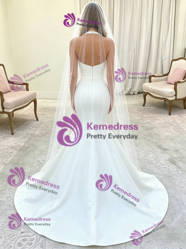 White Mermaid Satin Halter Wedding Dress