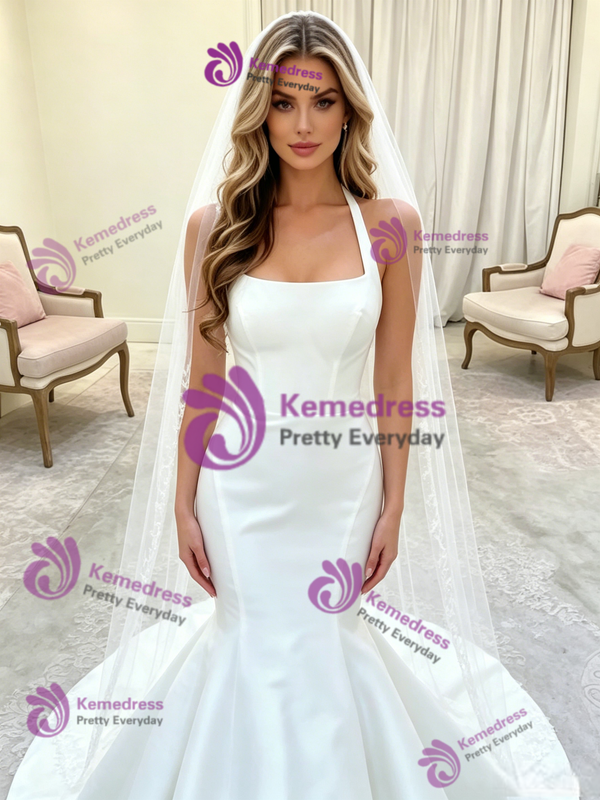 White Mermaid Satin Halter Wedding Dress