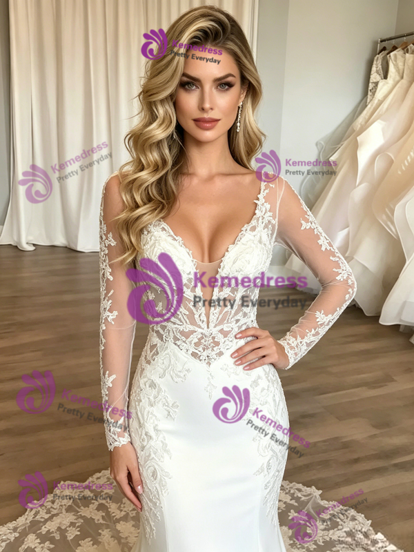 Sexy White Mermaid V-neck Long Sleeve Wedding Dress