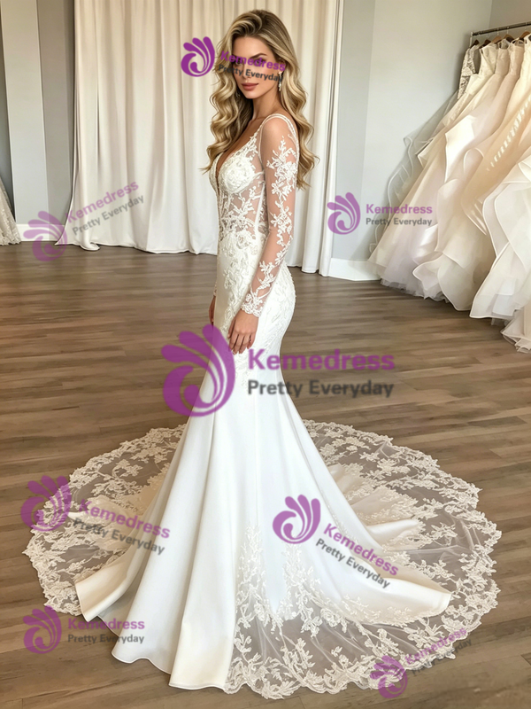 Sexy White Mermaid V-neck Long Sleeve Wedding Dress
