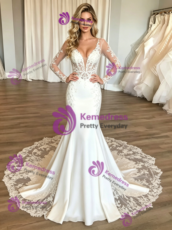 Sexy White Mermaid V-neck Long Sleeve Wedding Dress