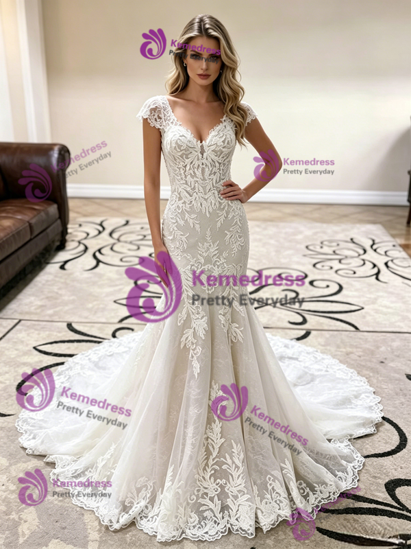 White Mermaid Tulle Lace V-neck Wedding Dress