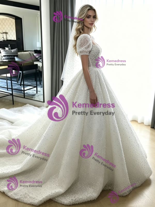 White Sequins Puff Sleeve Wedding Dress