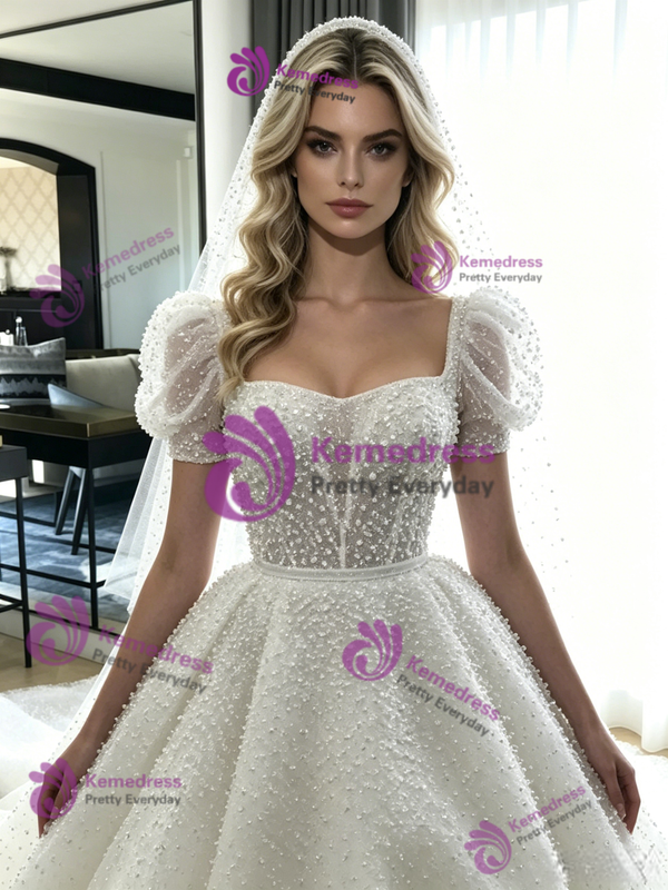 White Sequins Puff Sleeve Wedding Dress