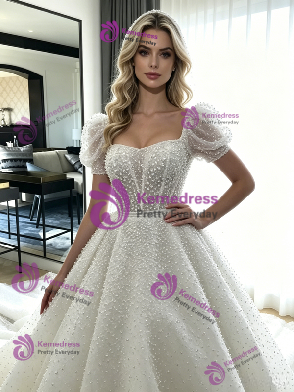 White Sequins Puff Sleeve Wedding Dress