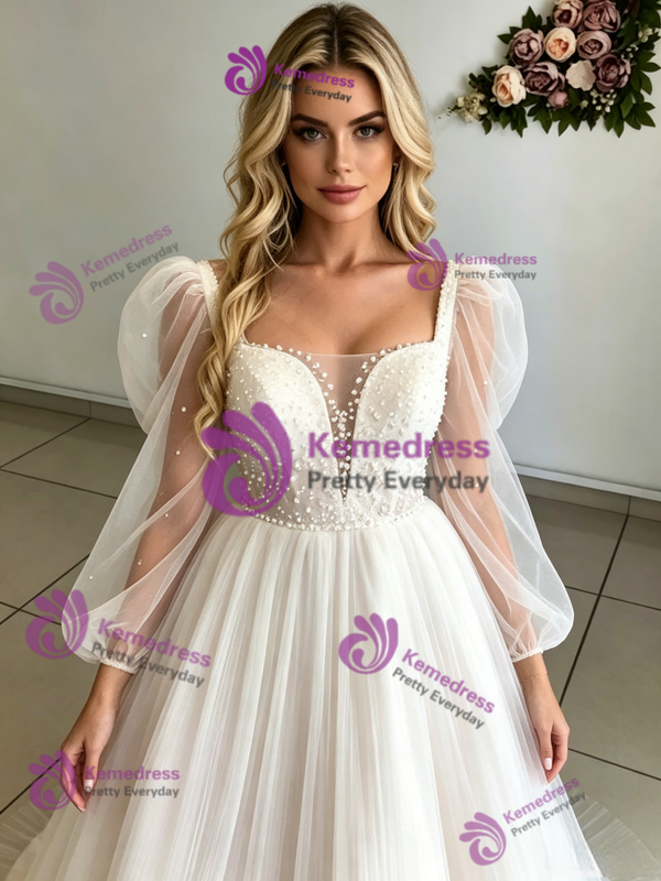 Tulle Long Sleeve Square Neck Wedding Dress