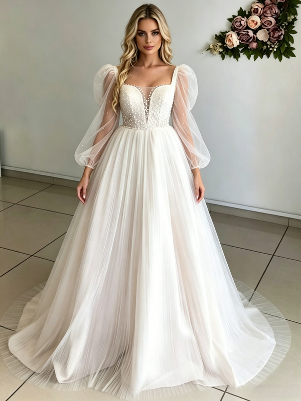 Tulle Long Sleeve Square Neck Wedding Dress