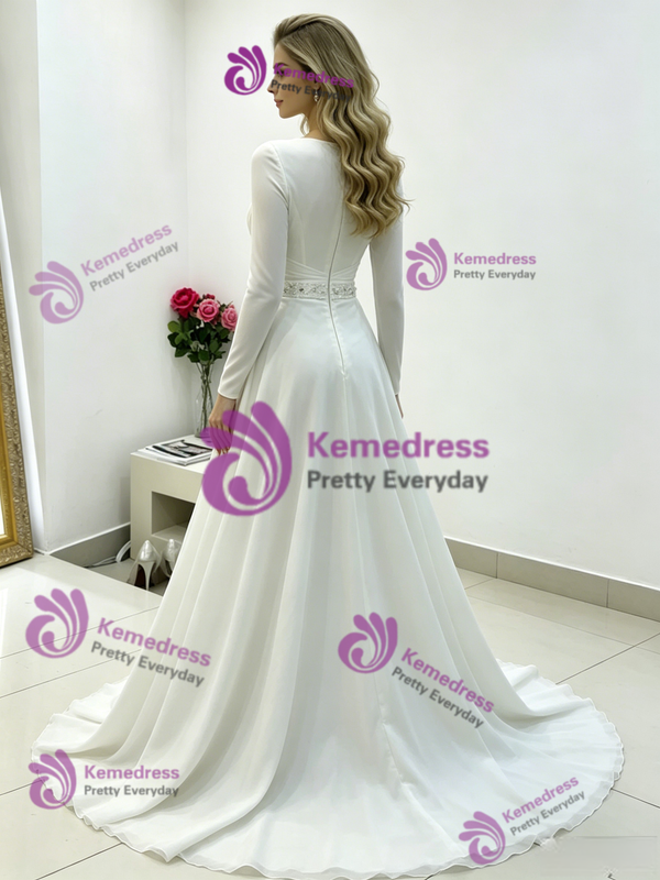 White Chiffon Long Sleeve Pleats Wedding Dress