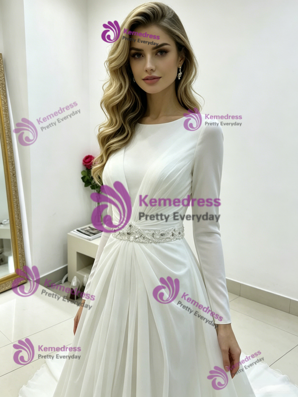 White Chiffon Long Sleeve Pleats Wedding Dress