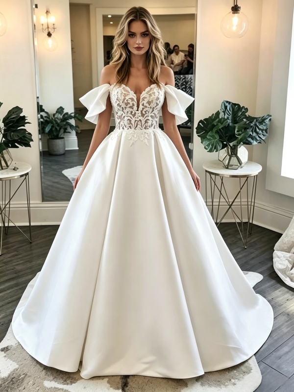 White Satin Lace Off the Shoulder Wedding Dress