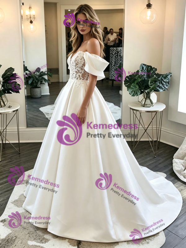 White Satin Lace Off the Shoulder Wedding Dress