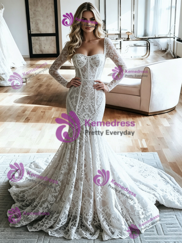 White Mermaid Lace Long Sleeve Wedding Dress