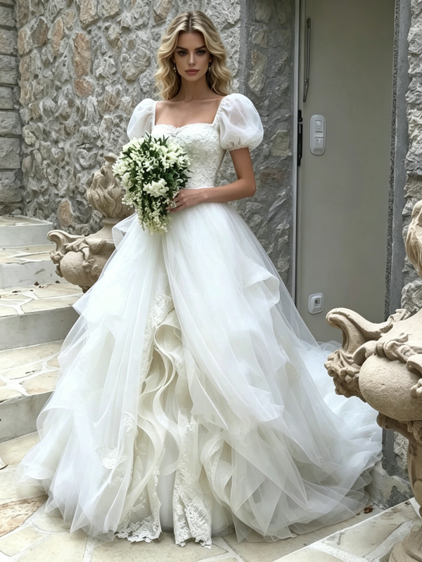 Beige White Tulle Puff Sleeve Lace Wedding Dress