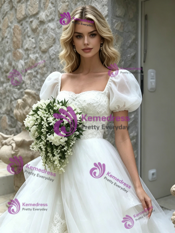Beige White Tulle Puff Sleeve Lace Wedding Dress