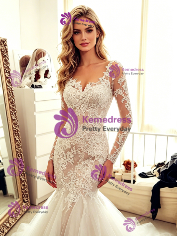 White Mermaid Tulle Lace Long Sleeve Wedding Dress