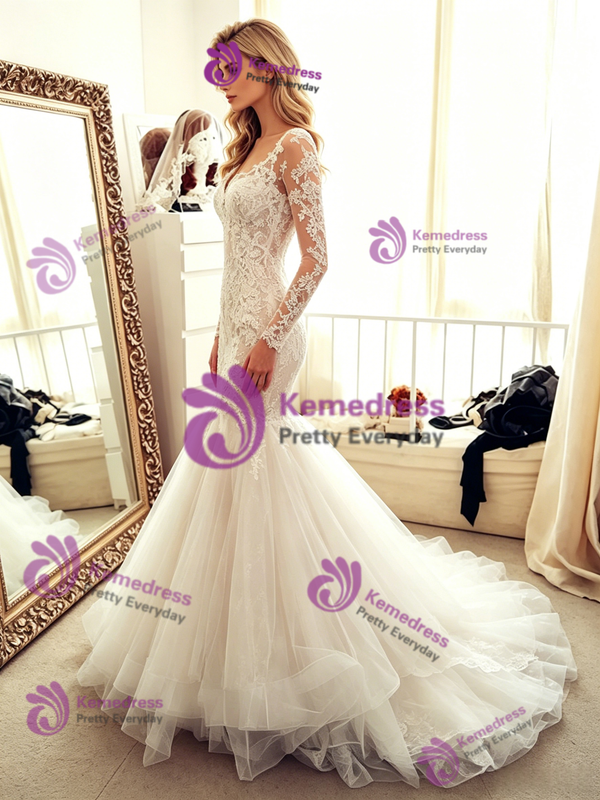 White Mermaid Tulle Lace Long Sleeve Wedding Dress