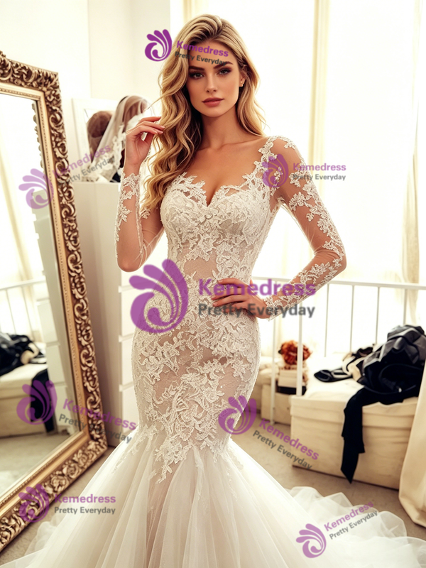 White Mermaid Tulle Lace Long Sleeve Wedding Dress